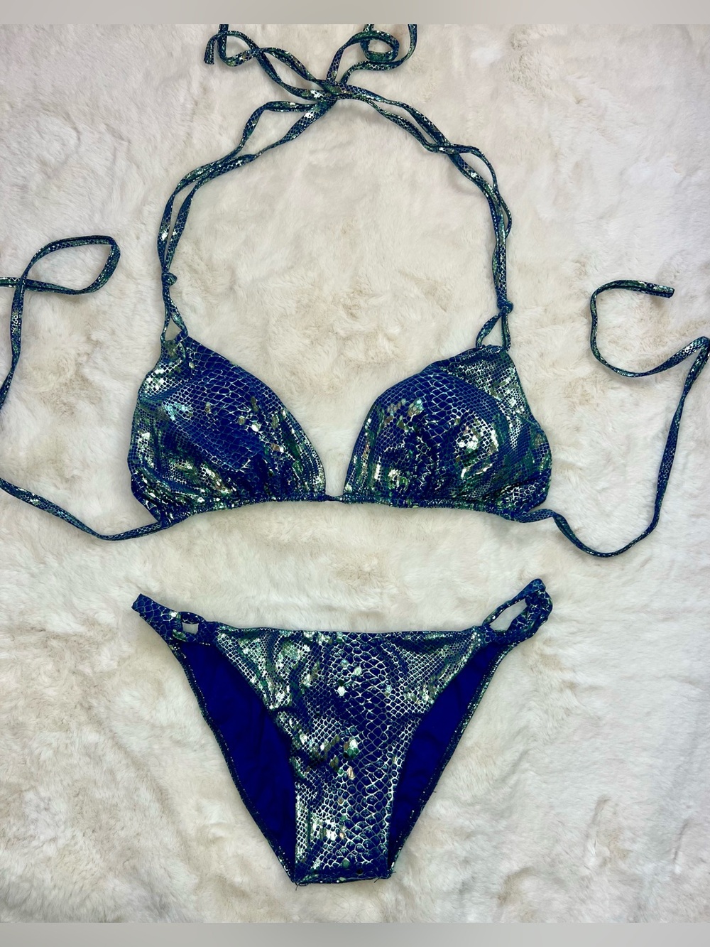 Vintage Sauvage California Metallic Blue Snakeskin Rare Glam Y2K Bikini Set M